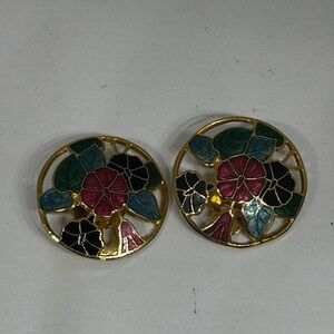Vintage enamel Cloisonné clip on earrings floral art nouveau retro 80’s GP